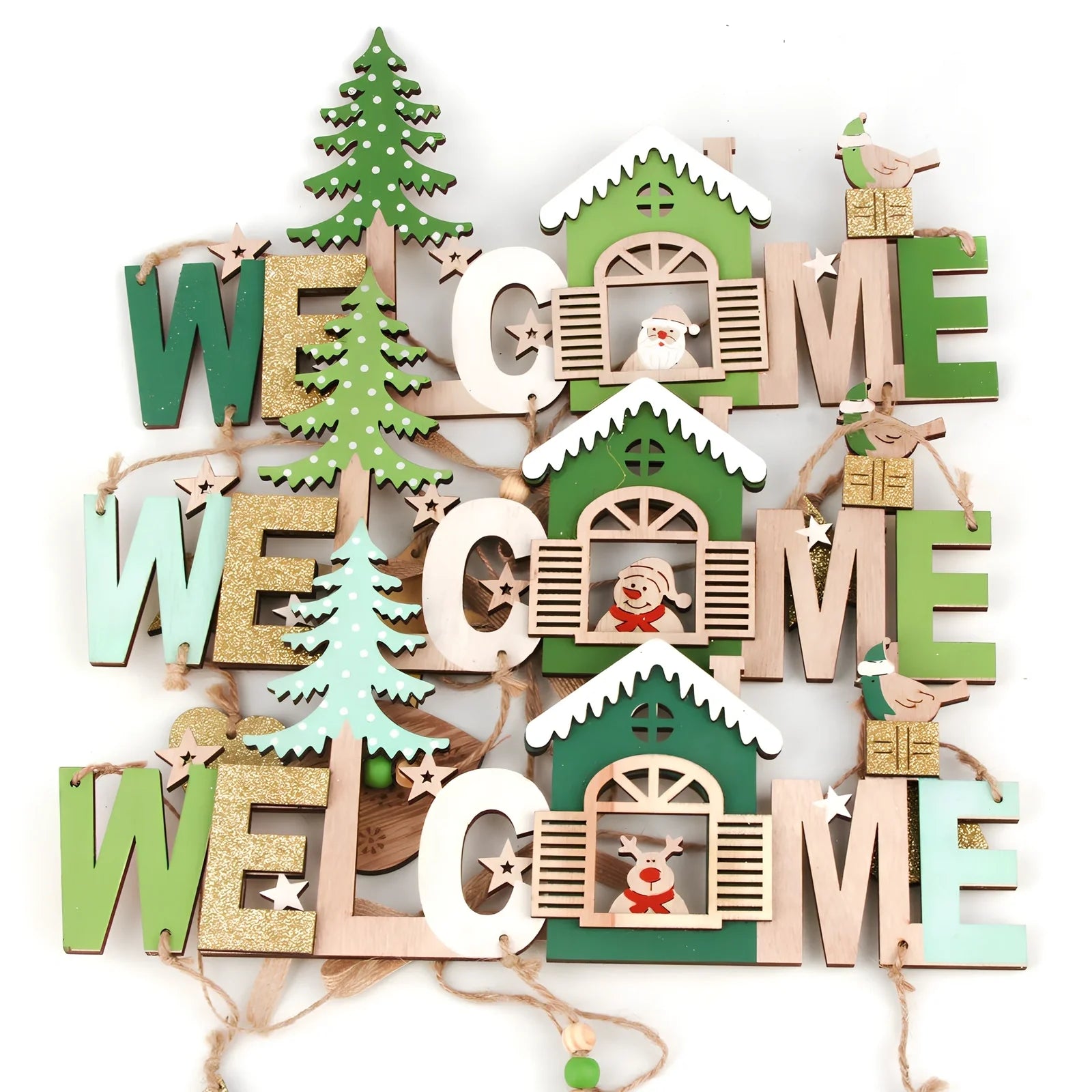 Wooden Christmas ornaments showing old man, snowman and elk designs with 43cm length