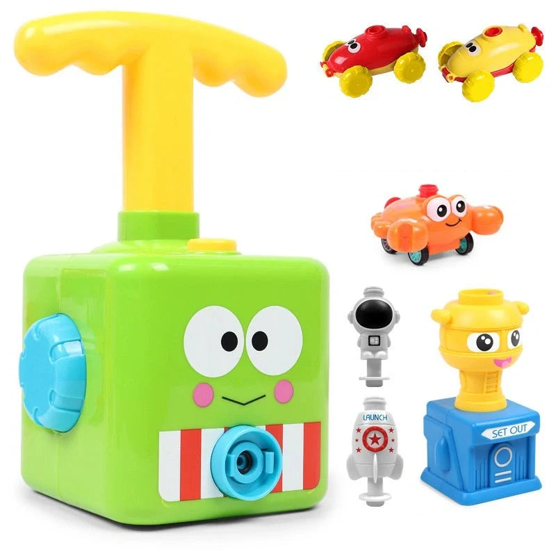 Children playing with eco-friendly balloon-powered car toy, learning aerodynamics