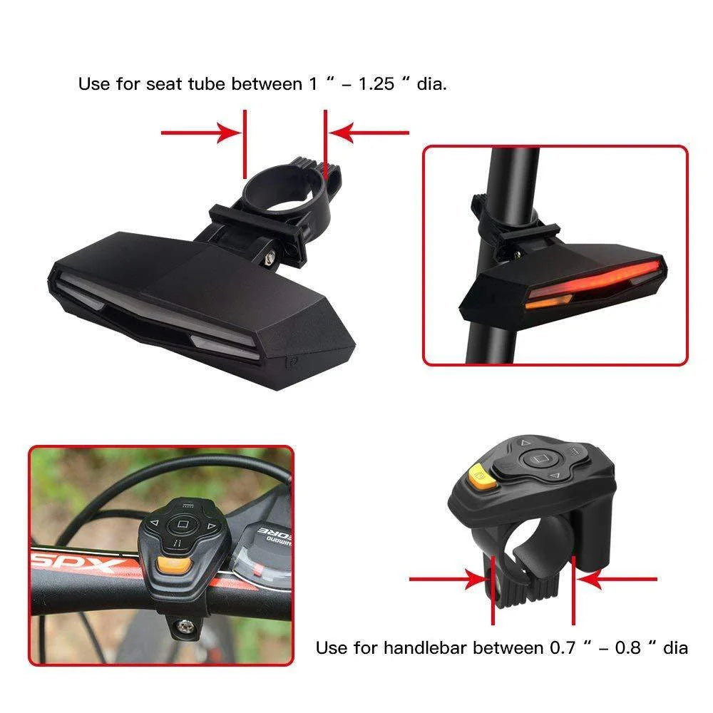 Brilliant bicycle tail light with wireless remote control, turn signals, and ground lane projection for enhanced visibility and safety