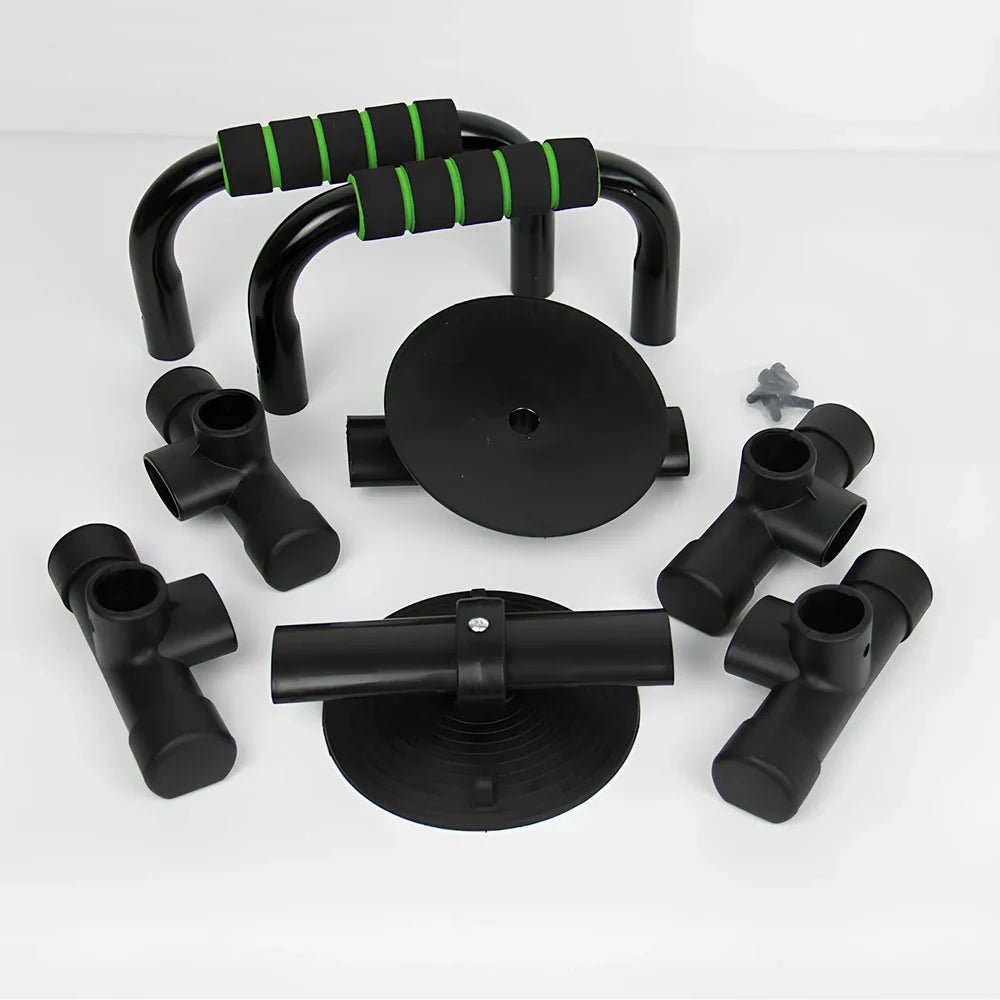 Green suction cup push-up bracket with electroplated steel frame and foam handles for chest exercises