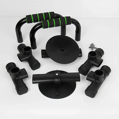 Green suction cup push-up bracket with electroplated steel frame and foam handles for chest exercises