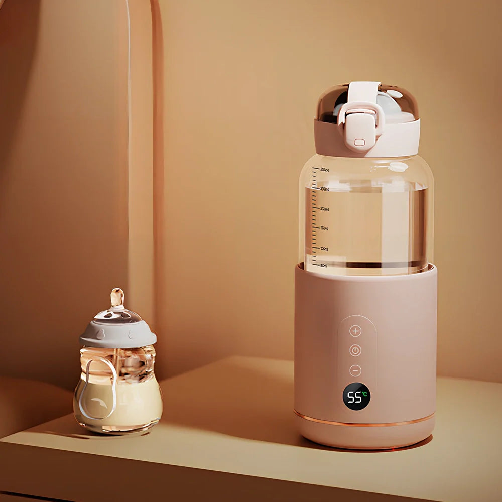 Wireless portable milk mixer with glass construction maintaining constant 37°C temperature for baby formula