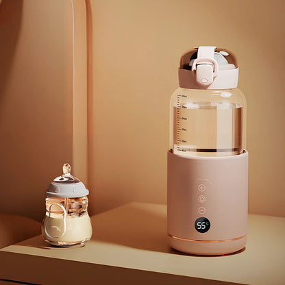 Wireless portable milk mixer with glass construction maintaining constant 37°C temperature for baby formula