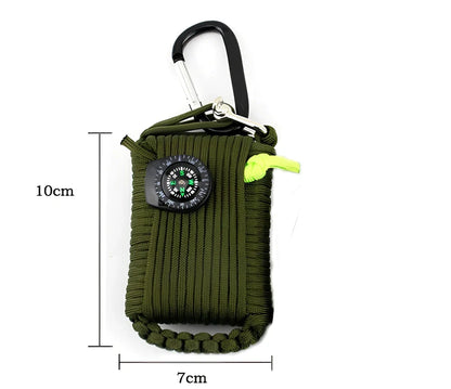Hand-woven camping survival kit with 10.5m rope containing 25 tools including compass and medical supplies