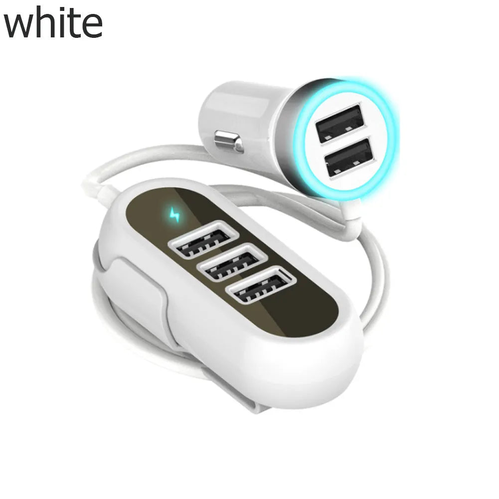 Black and white car rear seat charger with USB output, 12-24V input, and ABS PC body