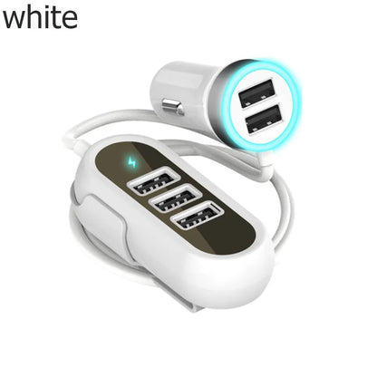 Black and white car rear seat charger with USB output, 12-24V input, and ABS PC body