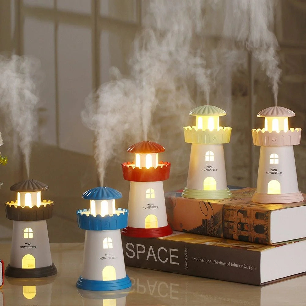 Lighthouse Humidifier with USB night light in five colors: green, pink, blue, red, gray