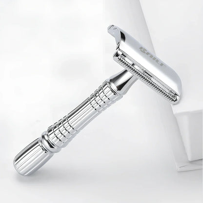 Silver grey safety razor with platinum plating and textured ABS handle in storage box