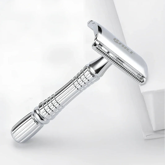 Silver grey safety razor with platinum plating and textured ABS handle in storage box
