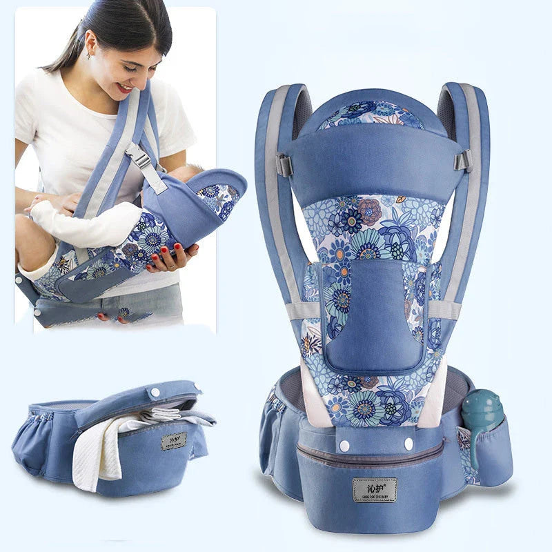 3-in-1 ergonomic baby carrier with multiple carry options, including front-facing and hip-hugging, designed for newborns to toddlers