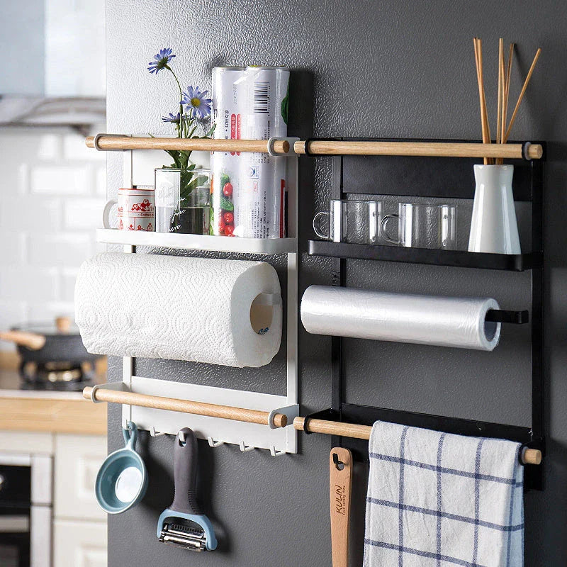 Magnetic Refrigerator Organizer with six hooks, wooden crossbar, and sleek matte metal finish