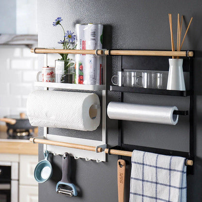 Magnetic Refrigerator Organizer with six hooks, wooden crossbar, and sleek matte metal finish