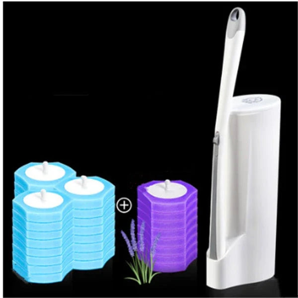 Disposable toilet cleaning brush with scrubbing pad for thorough, hygienic bathroom cleaning
