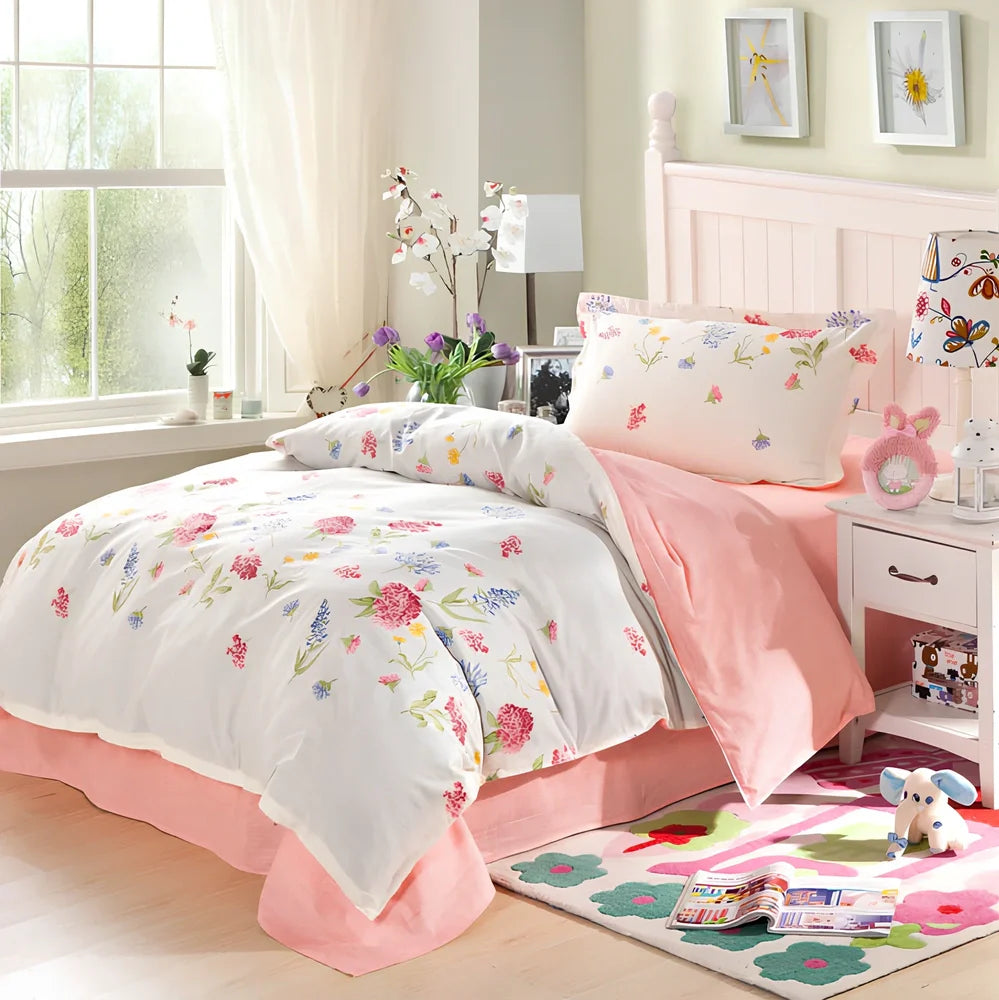 Reactive printed cotton bedding set with botanical flower and leaf patterns for UK double beds