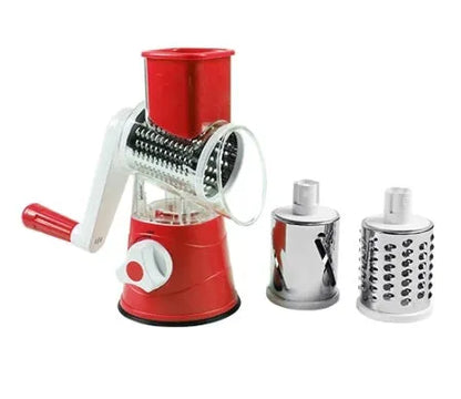 Hand drum rotary grater with handle and food-grade stainless steel blades, shown in Blue, Green or Red for cutting carrots and potatoes.