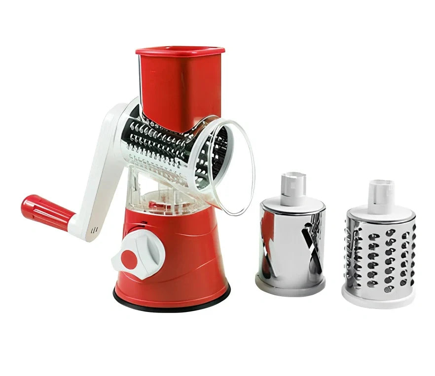 Blue hand drum rotary grater with stainless steel blades for cutting vegetables