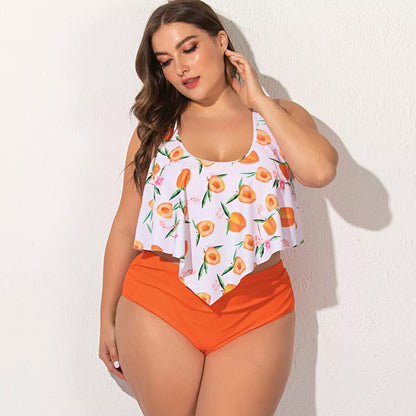 Plus size split swimsuit for women in various colors and patterns, chlorine-resistant fabric