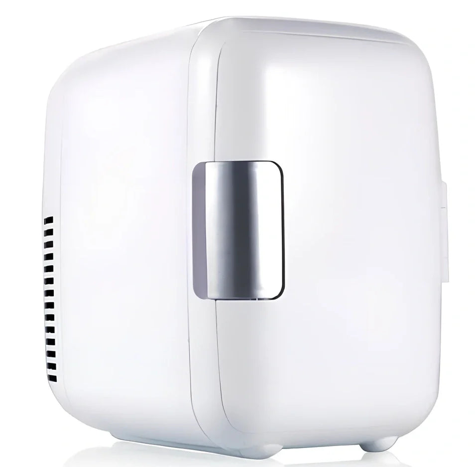 Blue 4L car refrigerator with handle showing dimensions and cigarette lighter plug