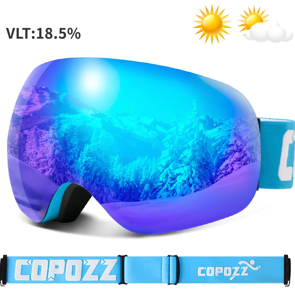Adult borderless ski goggles in black frame with silver anti-fog lens, double-layer PC+TPU for UV and wind protection