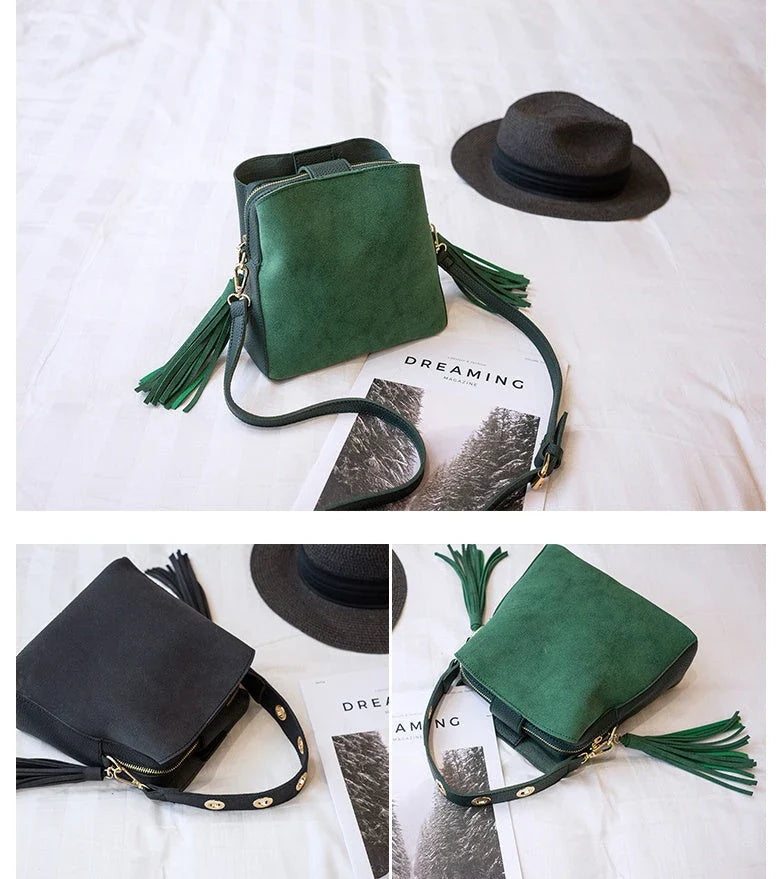 A stylish frosted tassel bucket bag with interior pockets and a versatile shoulder strap design