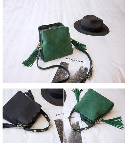 A stylish frosted tassel bucket bag with interior pockets and a versatile shoulder strap design