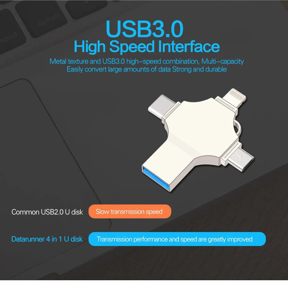 Metal mobile phone U disk with 4-in-1 iOS, Micro USB, Type-C and USB 3.0 connectors, 11g, in Silver