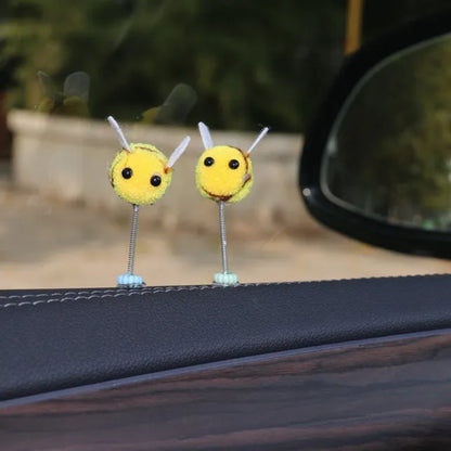 Cartoon Little Bee car decoration with swing spring, 3x3cm fur ball ornament