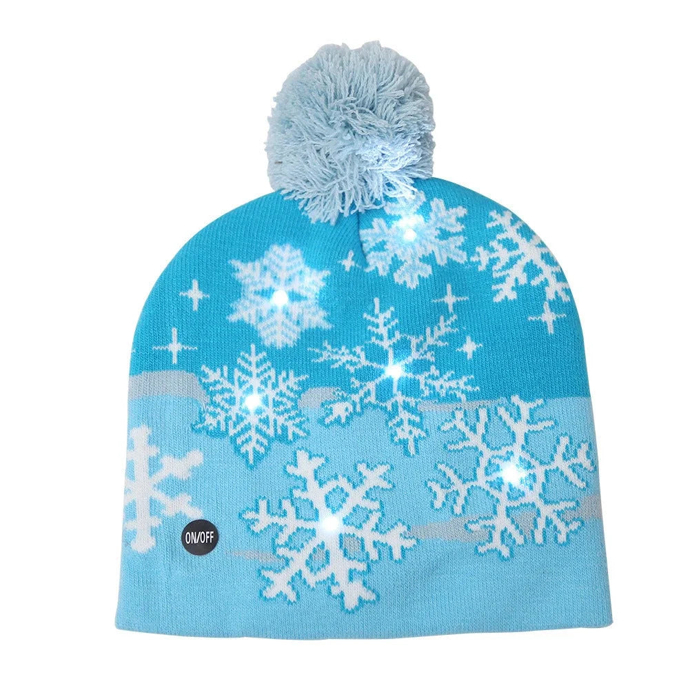 Christmas LED knitted hat with built-in lights showing flexible sizing and integrated illumination system