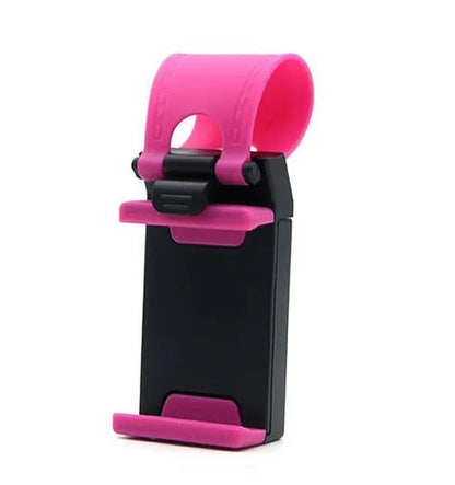 Black steering wheel phone holder with 75mm clip mounted on car wheel holding smartphone