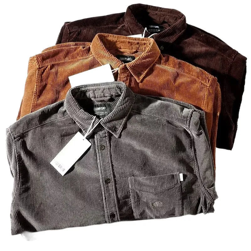 Long sleeve corduroy shirt in caramel colour with loose fit and cardigan style, suitable for casual wear.