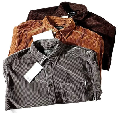 Long sleeve corduroy shirt in caramel colour with loose fit and cardigan style, suitable for casual wear.