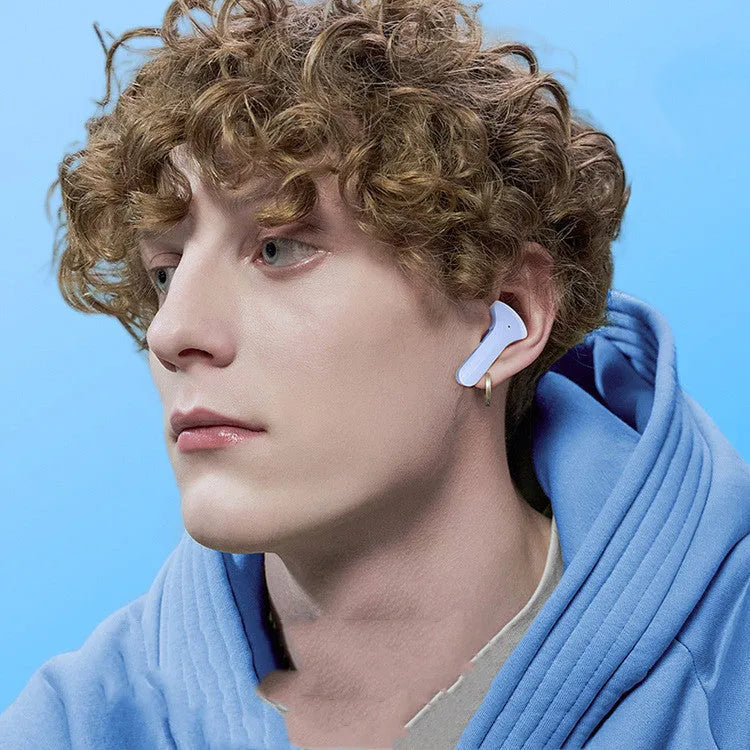 LED Power Digital Display Mini Wireless Bluetooth Headset with battery display, call function and voice control, featuring USB-C charging and silicone protective case in green, grey, ice blue, pink or sapphire blue