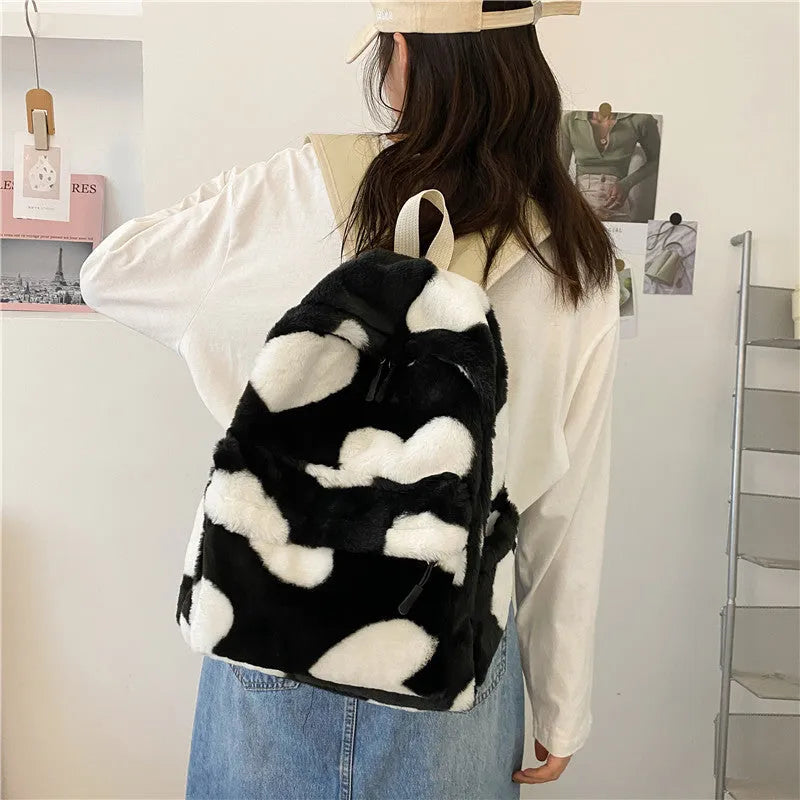 Furry plush backpack with heart pattern and three-dimensional outer pocket in khaki, green, black, pink or briquette