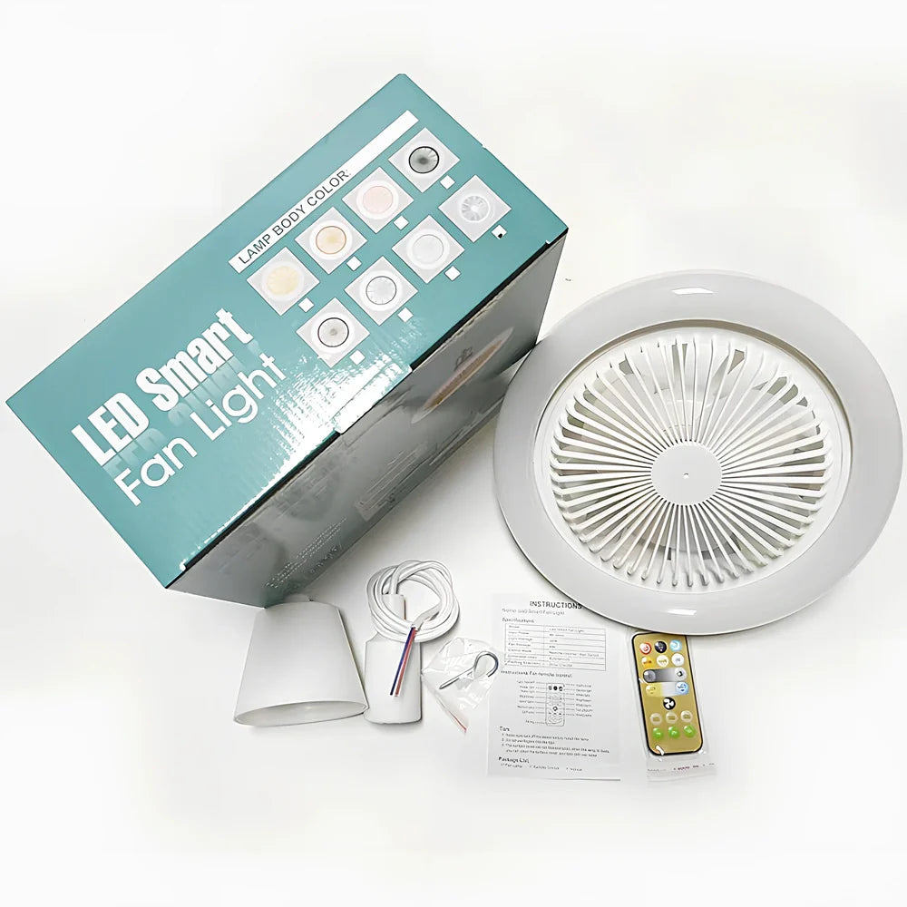 26cm round white ceiling fan with plastic blades and integrated LED light, remote control