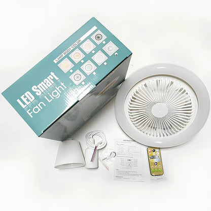 26cm round white ceiling fan with plastic blades and integrated LED light, remote control