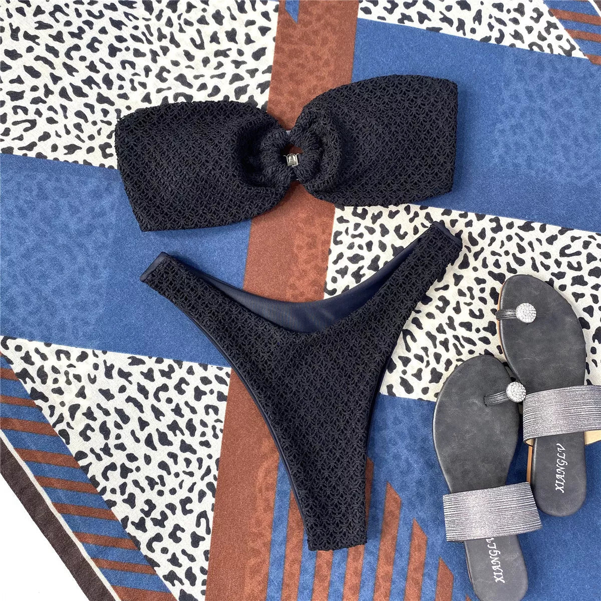 Women's ring cutout tube top split swimsuit in polyester, available in multiple colors