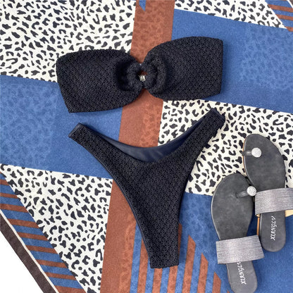 Women's ring cutout tube top split swimsuit in polyester, available in multiple colors