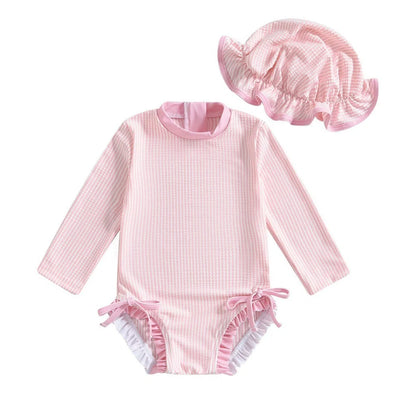 Girls' striped jumpsuit with matching hat in pink, violet, or sapphire blue for swimming