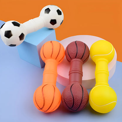 Brown, orange, white, and yellow PVC football dumbbell squeaky dog chew toy.