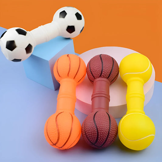 Brown, orange, white, and yellow PVC football dumbbell squeaky dog chew toy.