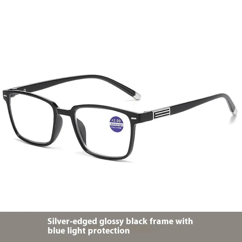 Multifocal reading glasses with anti blue light protection showing colour changing lenses