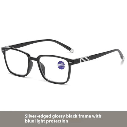 Multifocal reading glasses with anti blue light protection showing colour changing lenses