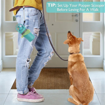 Blue portable plastic dog pooper scooper with eight-claw shovel and built-in bag dispenser