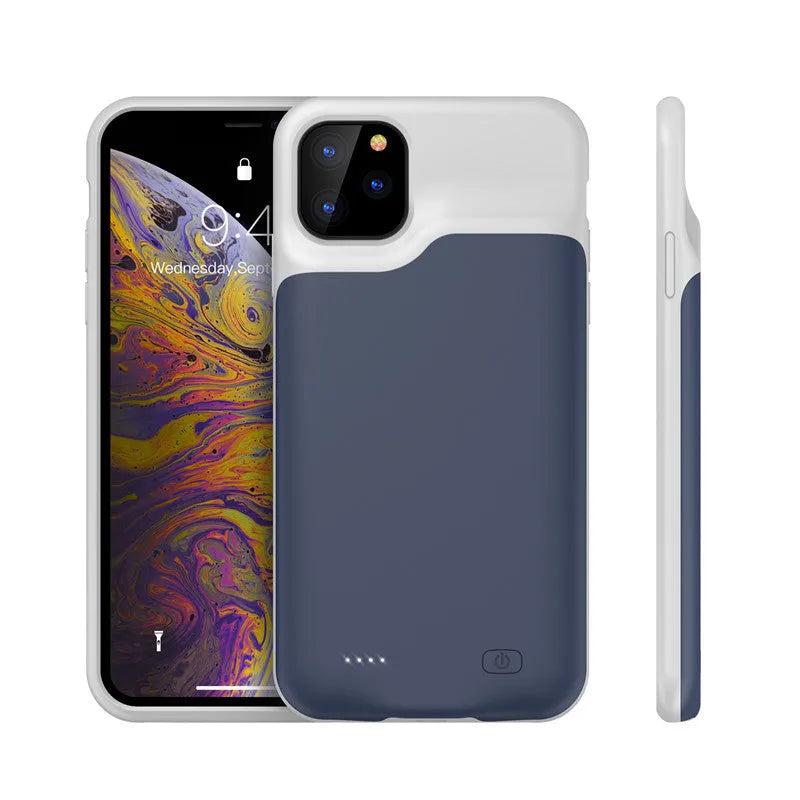 Shockproof silicone iPhone battery charger case in black, blue, pink, or white with high-capacity battery