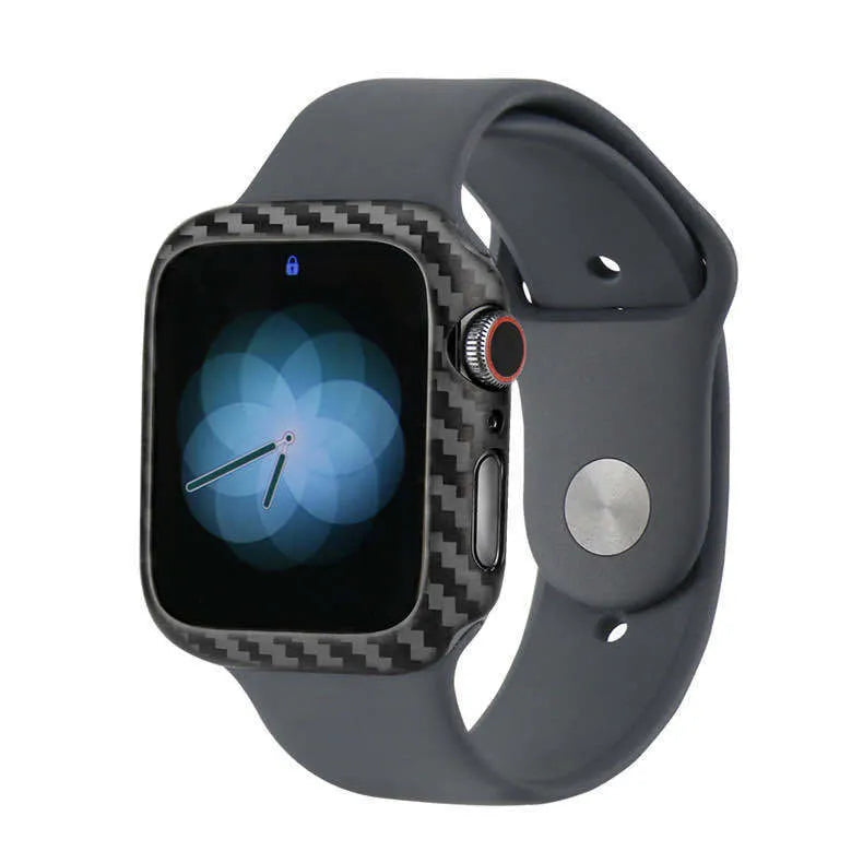 Apple Watch Series 4 in a black carbon fibre and leather half wrap protective case, showing the slim 44mm profile.