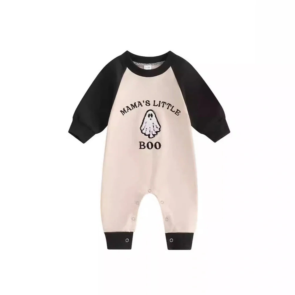 Apricot colour blocked baby jumpsuit with letter ghost embroidery, long sleeves, and pullover closure