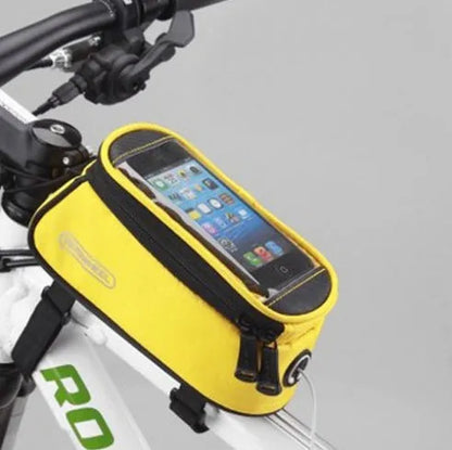 ROSWHEEL bicycle frame bag in black showing mounting on bike frame with iPhone inside