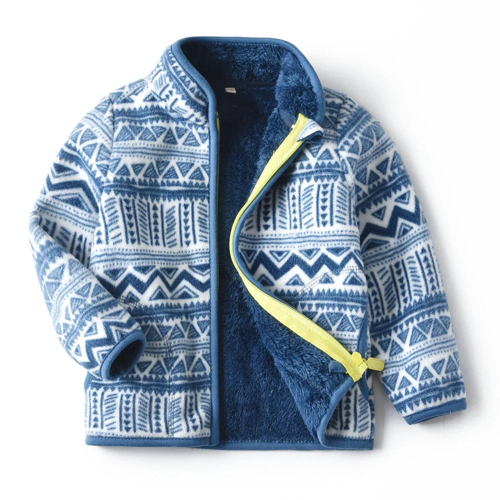 Children's thick fur printed coat with front zipper in blue colour, suitable for ages 3-8 years