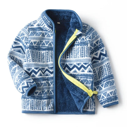 Children's thick fur printed coat with front zipper in blue colour, suitable for ages 3-8 years