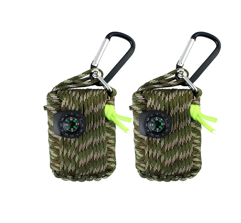 Hand-woven camping survival kit with 10.5m rope containing 25 tools including compass and medical supplies